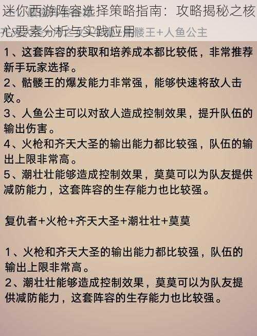 迷你西游阵容选择策略指南：攻略揭秘之核心要素分析与实践应用